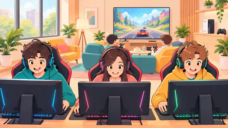 Smiling players at their computers, with a console corner and sofa behind them
