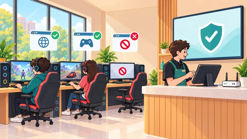 Cafe computers with allowed and blocked sites, and the staff member watching the filter