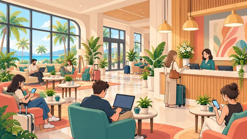 Hotel guests in the lobby going online on phones and laptops